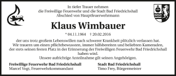 Traueranzeige von Klaus Wimbauer 