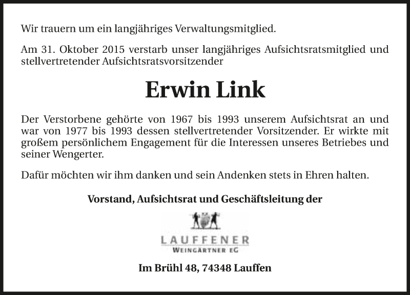  Traueranzeige für Erwin Link vom 03.11.2015 aus 