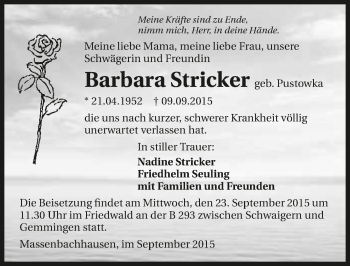 Traueranzeige von Barbara Stricker 