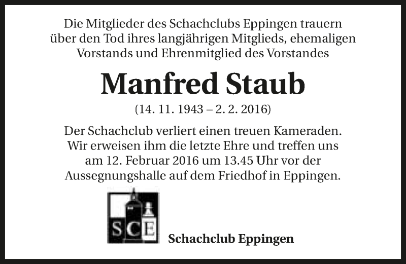  Traueranzeige für Manfred Staub vom 09.02.2016 aus 