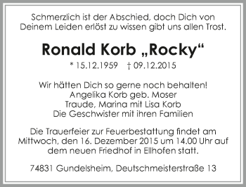 Traueranzeige von Ronald Korb 