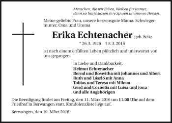 Traueranzeige von Erika Echtenacher 