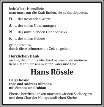 Traueranzeige von Hans Rössle 