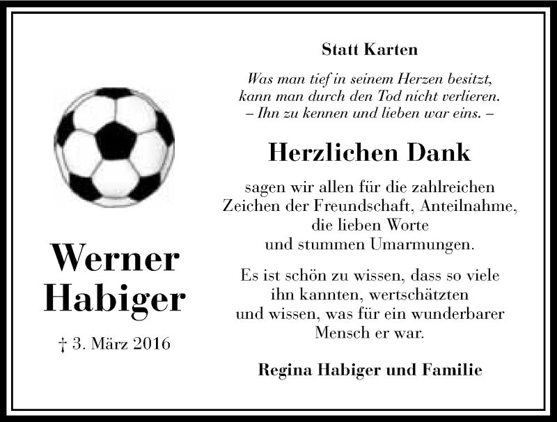  Traueranzeige für Werner Habiger vom 16.04.2016 aus 