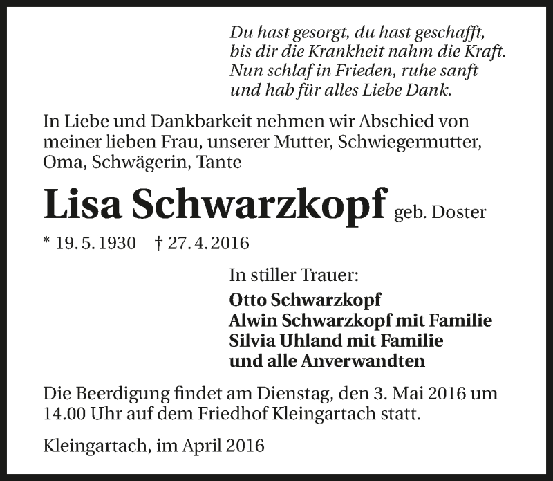  Traueranzeige für Lisa Schwarzkopf vom 30.04.2016 aus 
