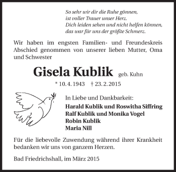 Traueranzeige von Gisela Kublik 