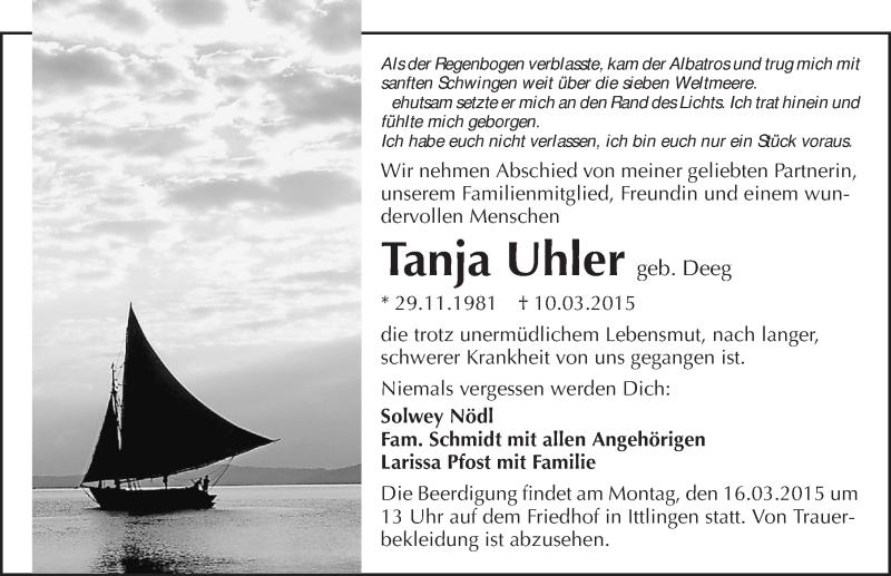  Traueranzeige für Tanja Uhler vom 14.03.2015 aus 