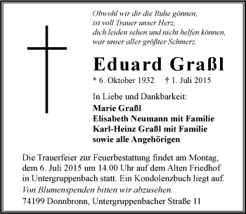Traueranzeige von Eduard Graßl 