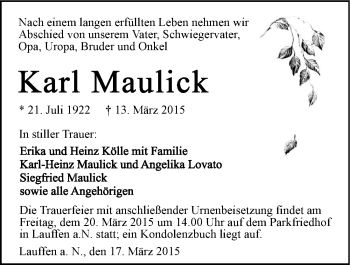 Traueranzeige von Karl Maulick 