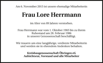 Traueranzeige von Lore Herrmann 