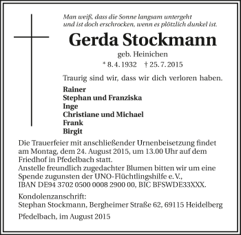 Traueranzeige von Gerda Stockmann 