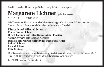 Traueranzeige von Margarete Lichner 