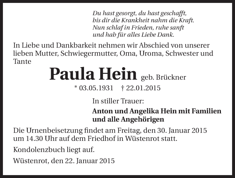  Traueranzeige für Paula Hein vom 28.01.2015 aus 