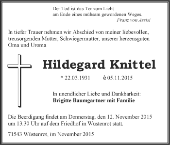 Traueranzeige von Hildegard Knittel 
