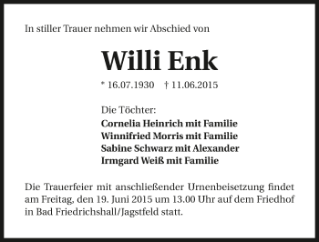 Traueranzeige von Willi Enk 