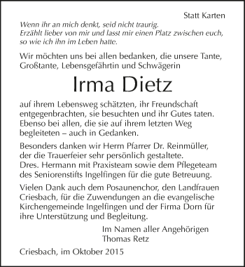 Traueranzeige von Irma Dietz 