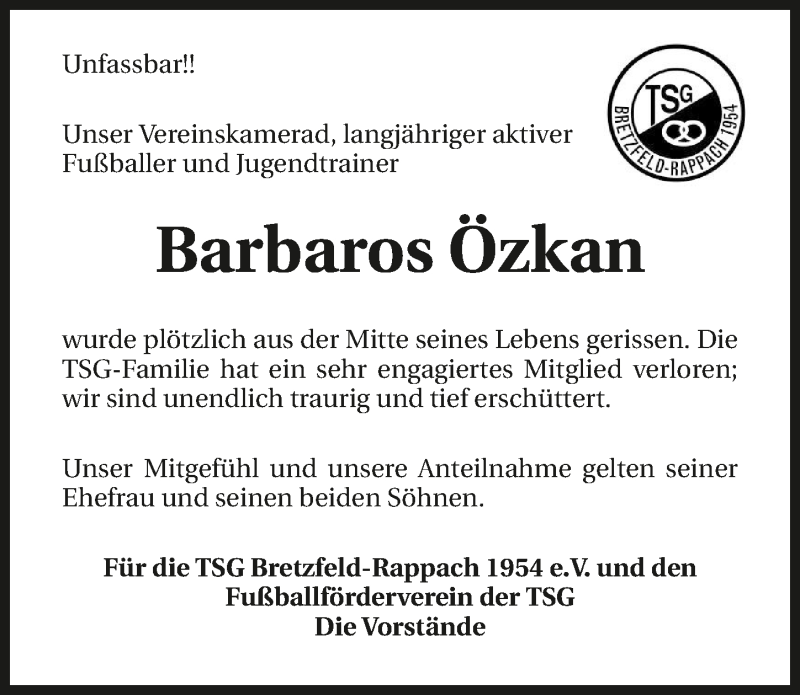  Traueranzeige für Barbaros Özkan vom 20.07.2015 aus 