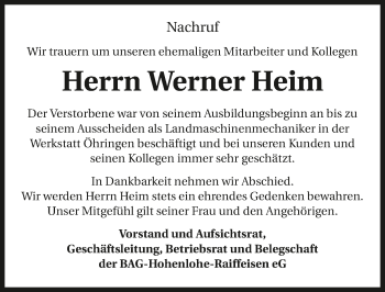 Traueranzeige von Werner Heim 