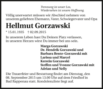 Traueranzeige von Hellmut Gorzawski 