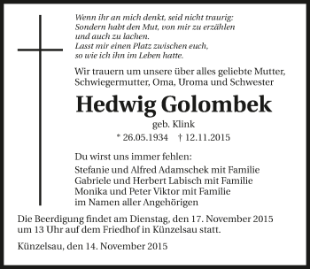 Traueranzeige von Hedwig Golombek 