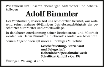 Traueranzeige von Adolf Bimmler 