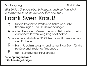 Traueranzeige von Frank Sven Krauß 