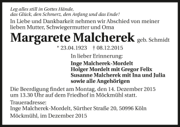 Traueranzeige von Margarete Malcherek 