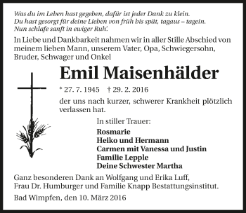 Traueranzeige von Emil Maisenhälder 