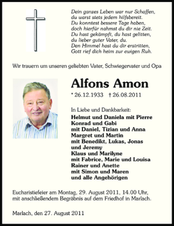 Traueranzeige von Alfons Amon 