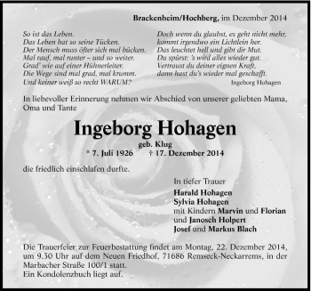 Traueranzeige von Ingeborg Hohagen 