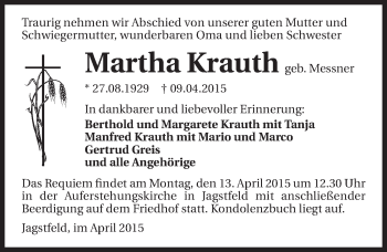 Traueranzeige von Martha Krauth 