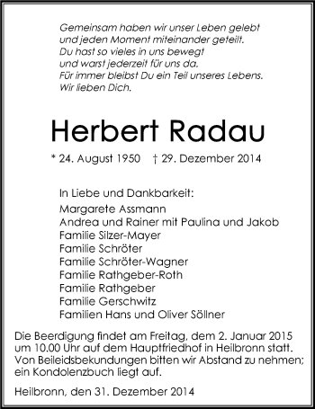 Traueranzeige von Herbert Radau 