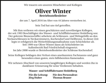 Traueranzeige von Oliver Winter 