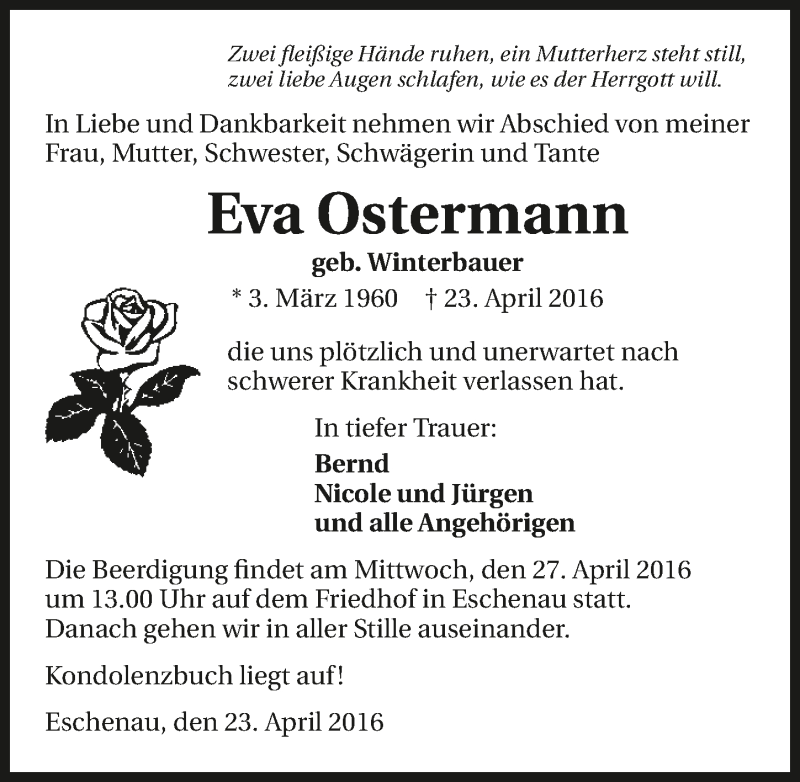  Traueranzeige für Eva Ostermann vom 26.04.2016 aus 