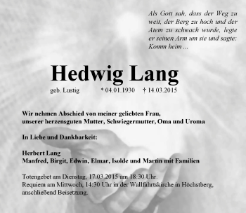 Traueranzeige von Hedwig Lang 