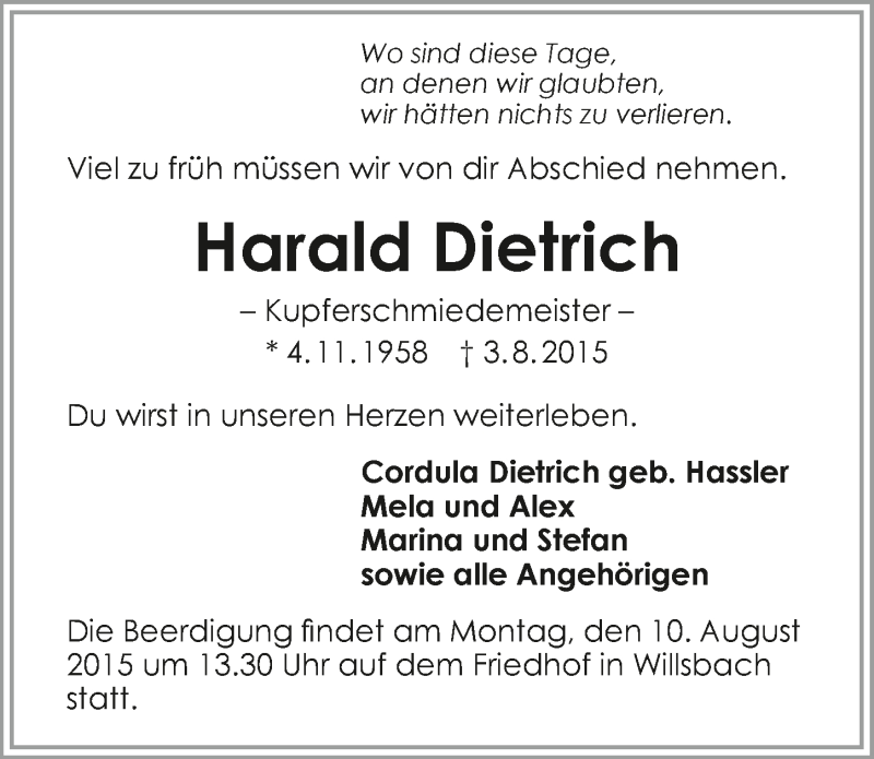  Traueranzeige für Harald Dietrich vom 07.08.2015 aus 