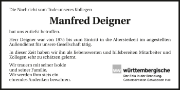 Traueranzeige von Manfred Deigner 