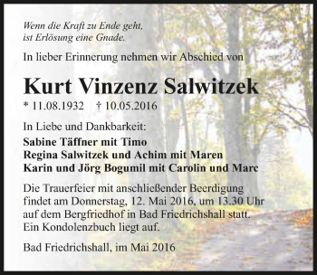 Traueranzeige von Kurt Vinzenz Salwitzek 