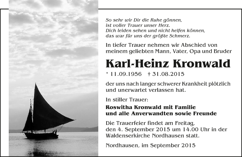  Traueranzeige für Karl-Heinz Kronwald vom 02.09.2015 aus 