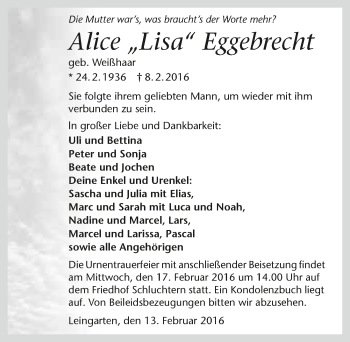 Traueranzeige von Alice Eggebrecht 