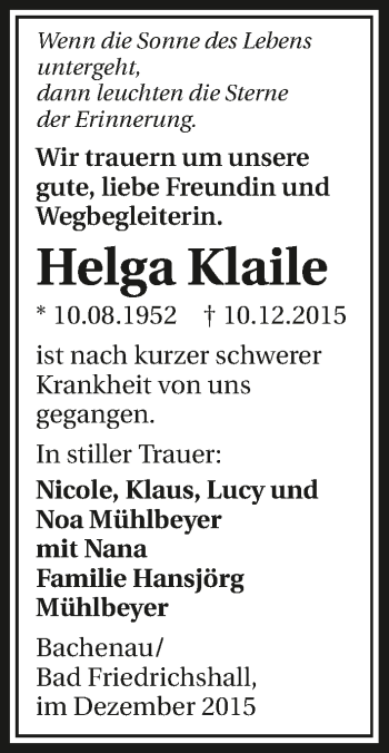 Traueranzeige von Helga Klaile 