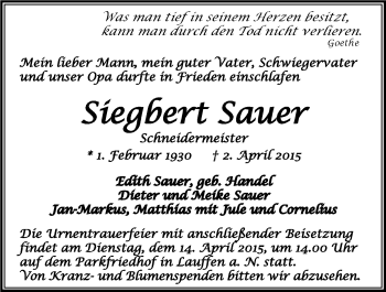 Traueranzeige von Siegbert Sauer 