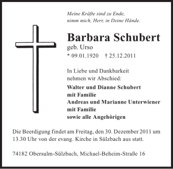 Traueranzeige von Barbara Schubert 