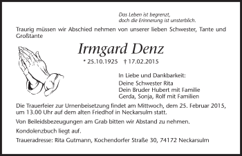 Traueranzeige von Irmgard Denz 