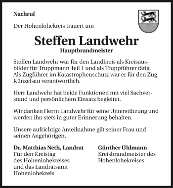 Traueranzeige von Steffen Landwehr 