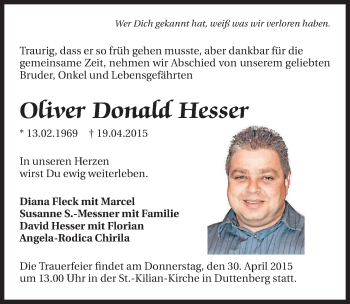 Traueranzeige von Oliver Donald Hesser 