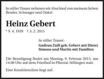 Traueranzeige von Heinz Gebert 