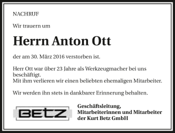 Traueranzeige von Anton Ott 