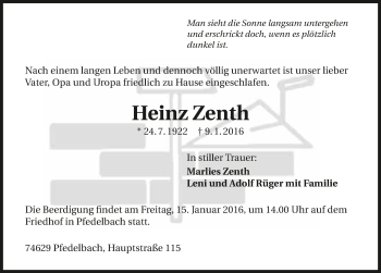 Traueranzeige von Heinz Zenth 