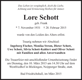 Traueranzeige von Lore Schott 